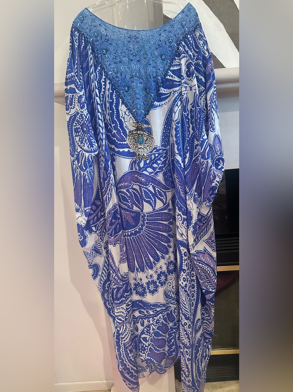 Camilla Blue Paisley kaftan  100% silk with Swarovski beads. Celebrity worn